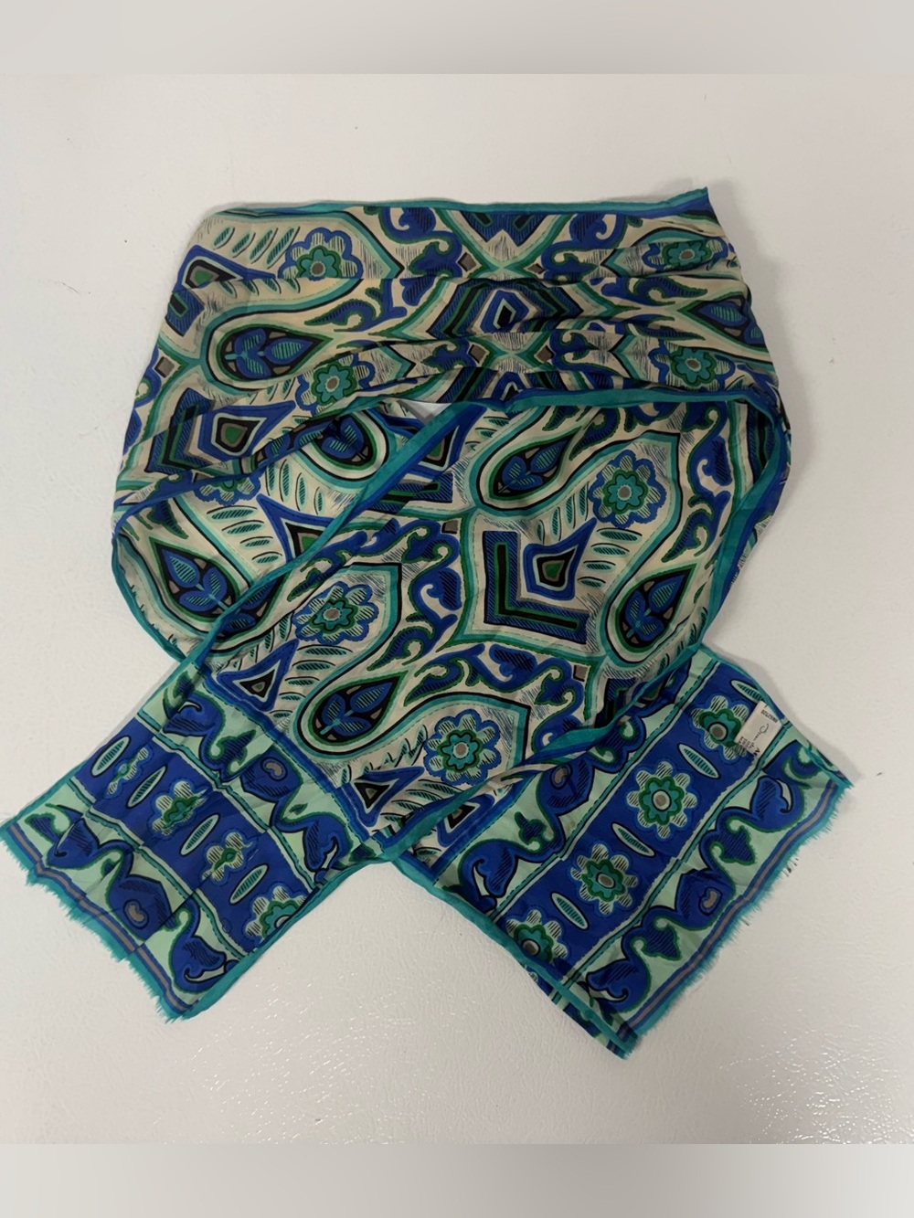 Oscar De La Renta Silk Scarf Blue Floral Geometric Japan Fringe  10x50